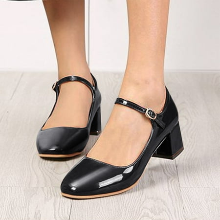 

ERTUTUYI Women s Spring Literary Retro Medium Heel Thick Heel High Heel Patent Leather Shallow Mouth Casual Shoes Black 38