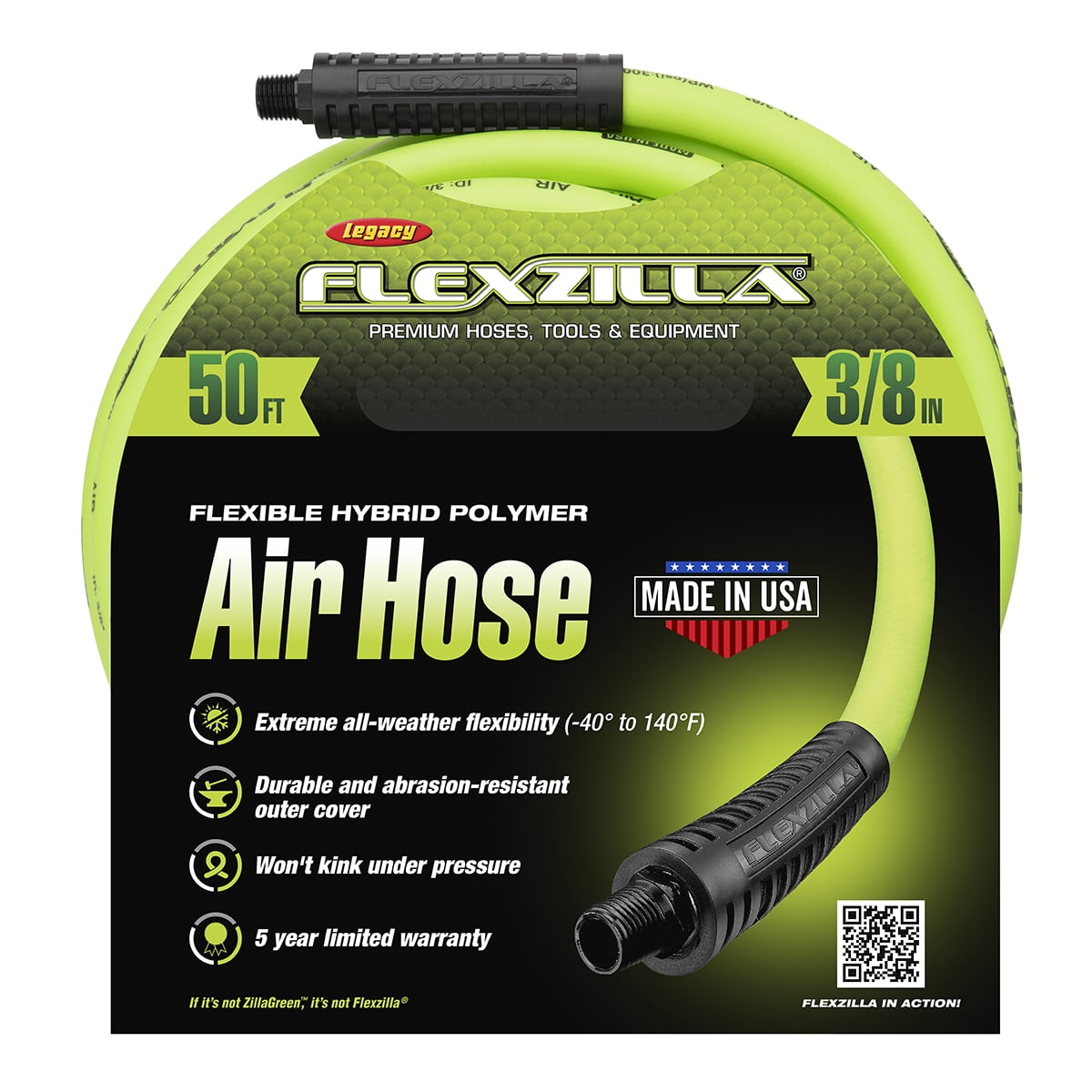 Flexzilla HFZ3850YW3, Hybrid Polymer, Green, 3/8" x 50’, Air Hose, 3/8" MNPT Fittings