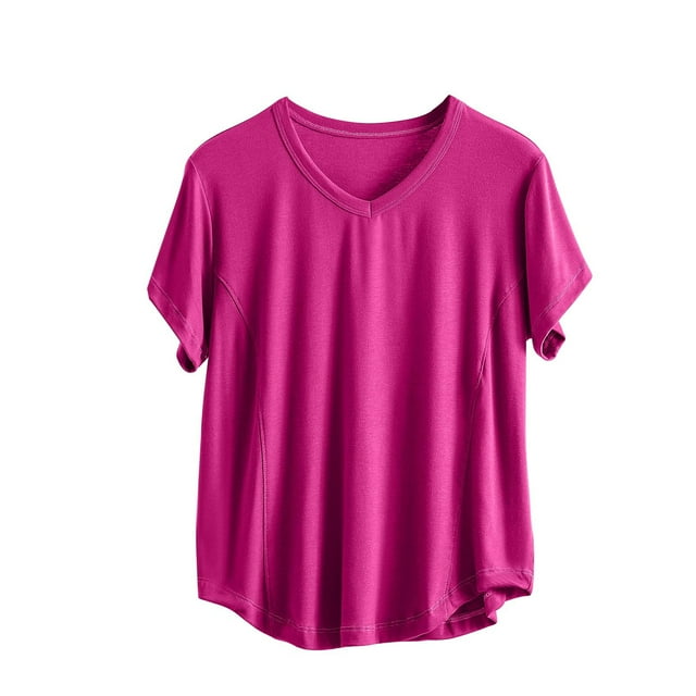 Timegard Plus Size Tops for Women V Neck Short Sleeve Loose Solid Color Comfy Lightweight Pjs Tops