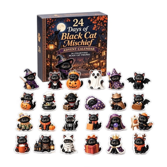 Black Cat Advent Calendar with 24-Piece 2D Acrylic Hanging Ornaments, Collectible Figures for Halloween and Christmas Decoration