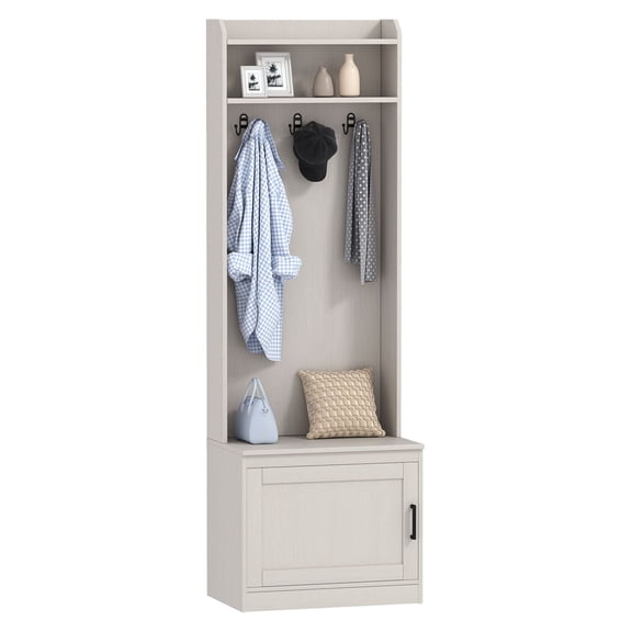 Hall Tree with Bench & Coat Rack - Entryway Organizer - Rustic White Wood Grain - Shoe Storage - 72" Height