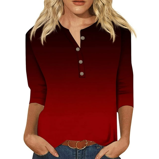 Bellella Hauts pour Femmes T-shirt à Imprimé Floral Col Rond Tee Tunique Douce Manches 3/4 Blouse T-shirt Noir Rouge Dégradé m