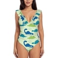 thumbnail image 2 of Yiaed Cute Dinosaur Blue Green Print Women's Ruffled One Piece Swimsuit V Neck Swimwear Slimming Monokini for Woman-Large, 2 of 8