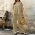 thumbnail image 7 of Costeam Womens Short Sleeve Two Piece Linen Cotton Outfit Solid V Neck Top Drawstring Wide Leg Pants Side Pocket High Waist Loose Casual Matching Set Tracksuit, 7 of 7