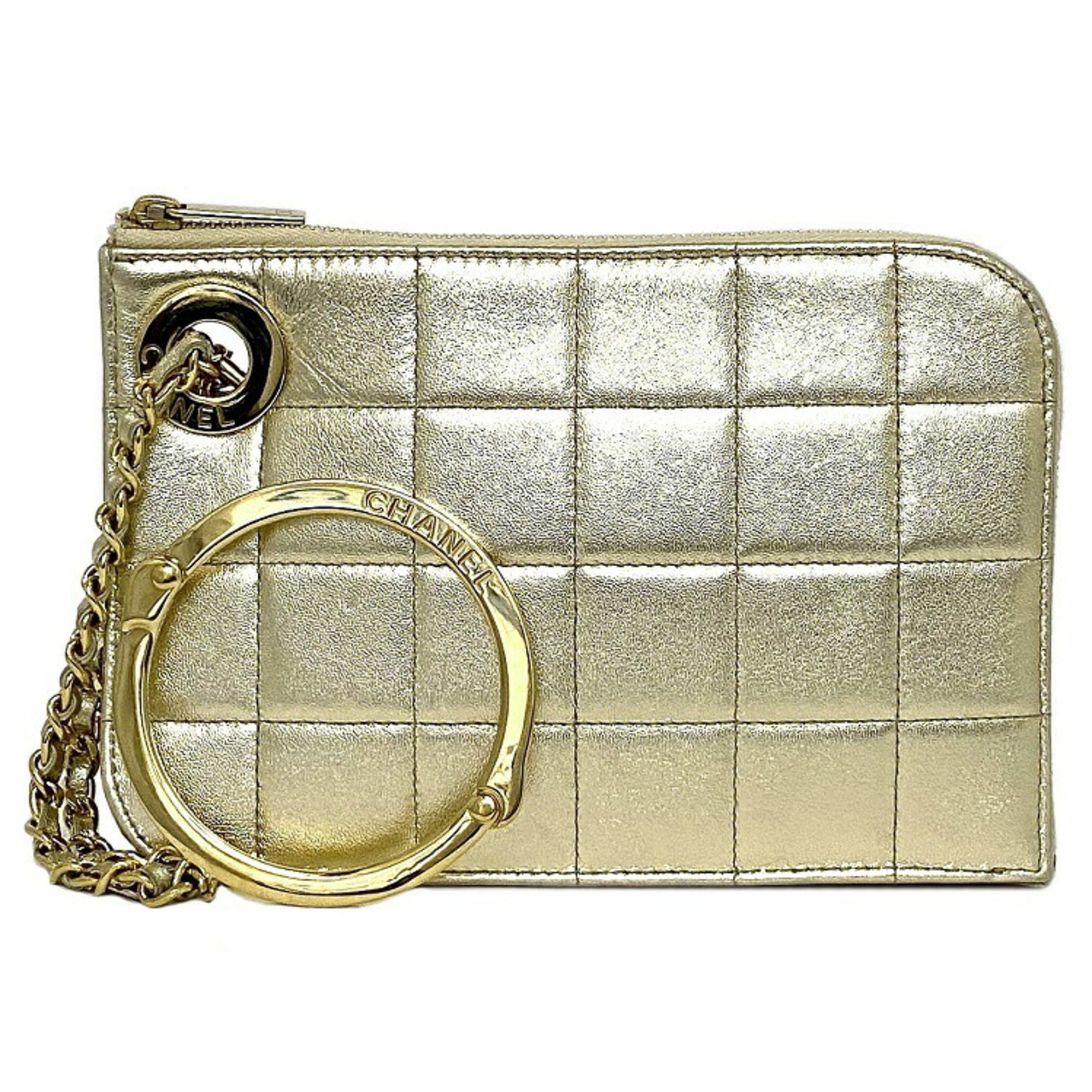Authenticated Used Chanel Clutch Bag Gold Chocolate Bar Leather Lambskin  7th CHANEL Handbag Chain Quilted Ring Women's Lattice 