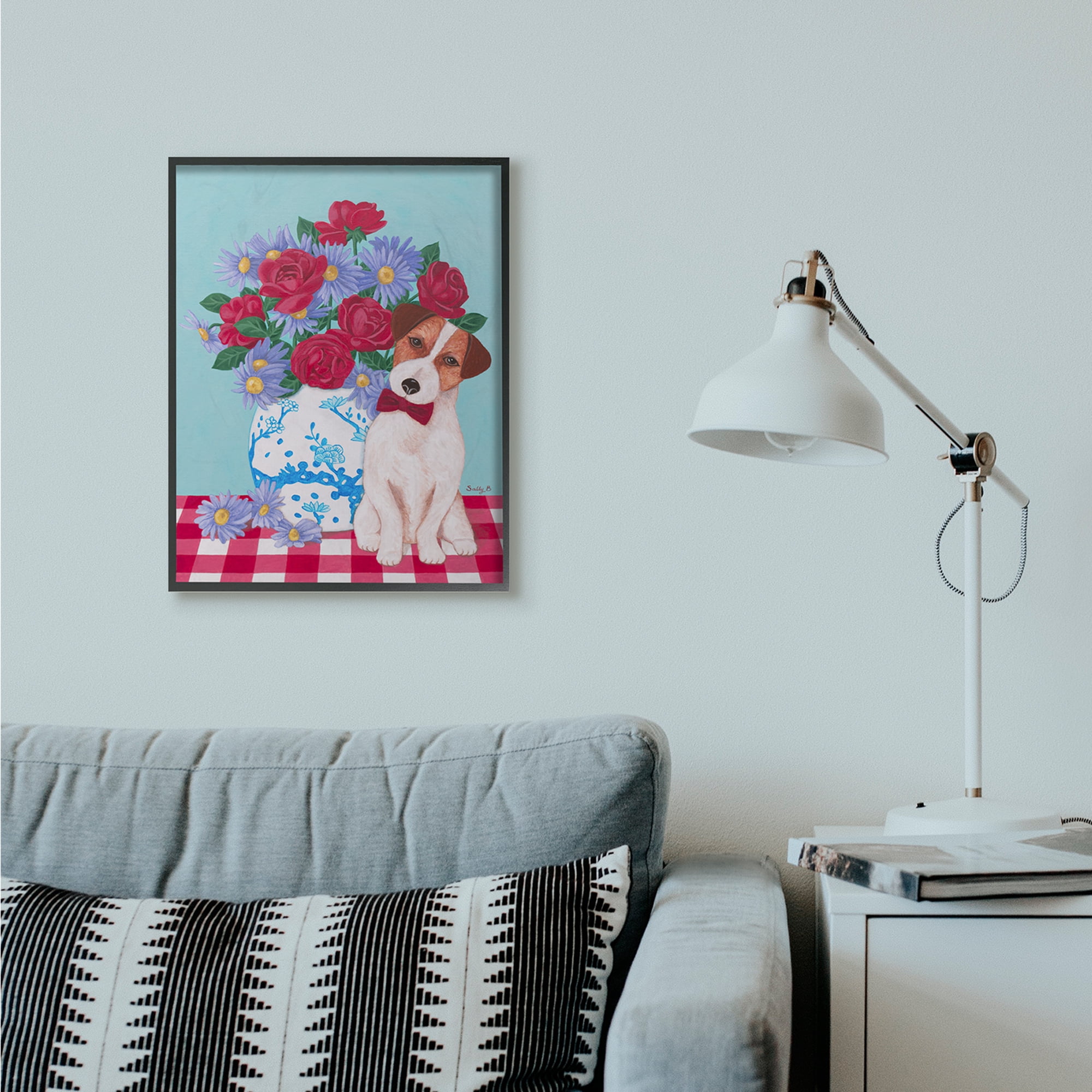 Stupell Industries Flower Vase With Dog Red Blue Animal Pet Painting Black Framed Art Print Wall Art, 24x30, by Sally B