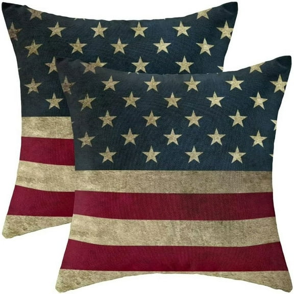 4th of July Pillow Covers 18x18 Set of 2, Retro American Flag Decorations Throw Pillow Covers Patriotic Memorial Day Outdoors Decorative Linen Cushion Case for Home and Office
