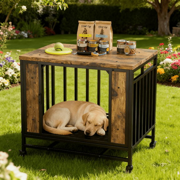 LuckyNote Dog Crate Furniture, Wooden Side Table Dog House with Metal Door & Pull Out Tray, Indoor Pet Crate for Medium Small Dogs, Vintage Finish