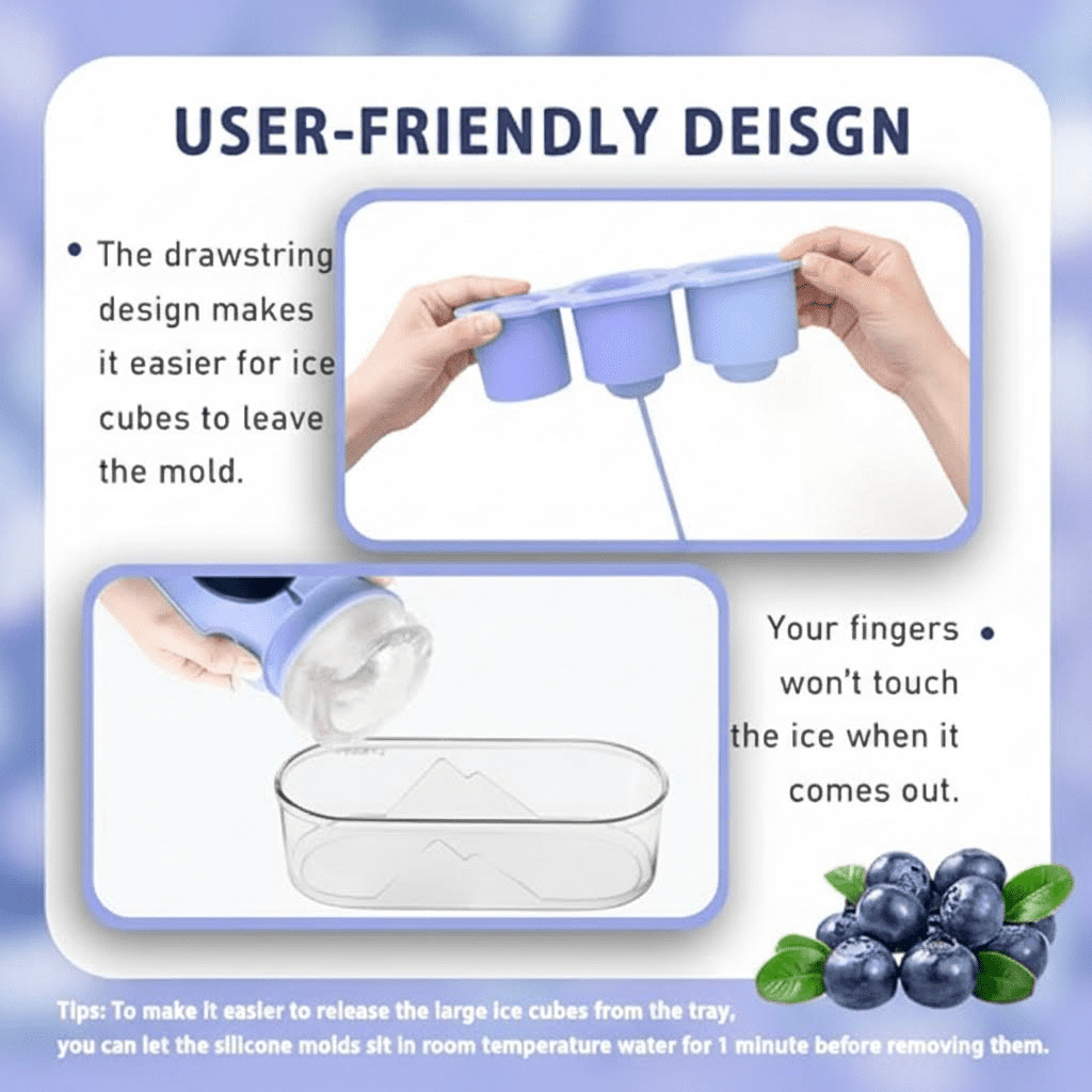 Silicone Ice Cube Tray with Lid and Bin for 30-40 Oz Tumblers - Easy Fill, Fast Release Ice Molds for Freezer, Whiskey, Cocktails, and Drinks (Blue)