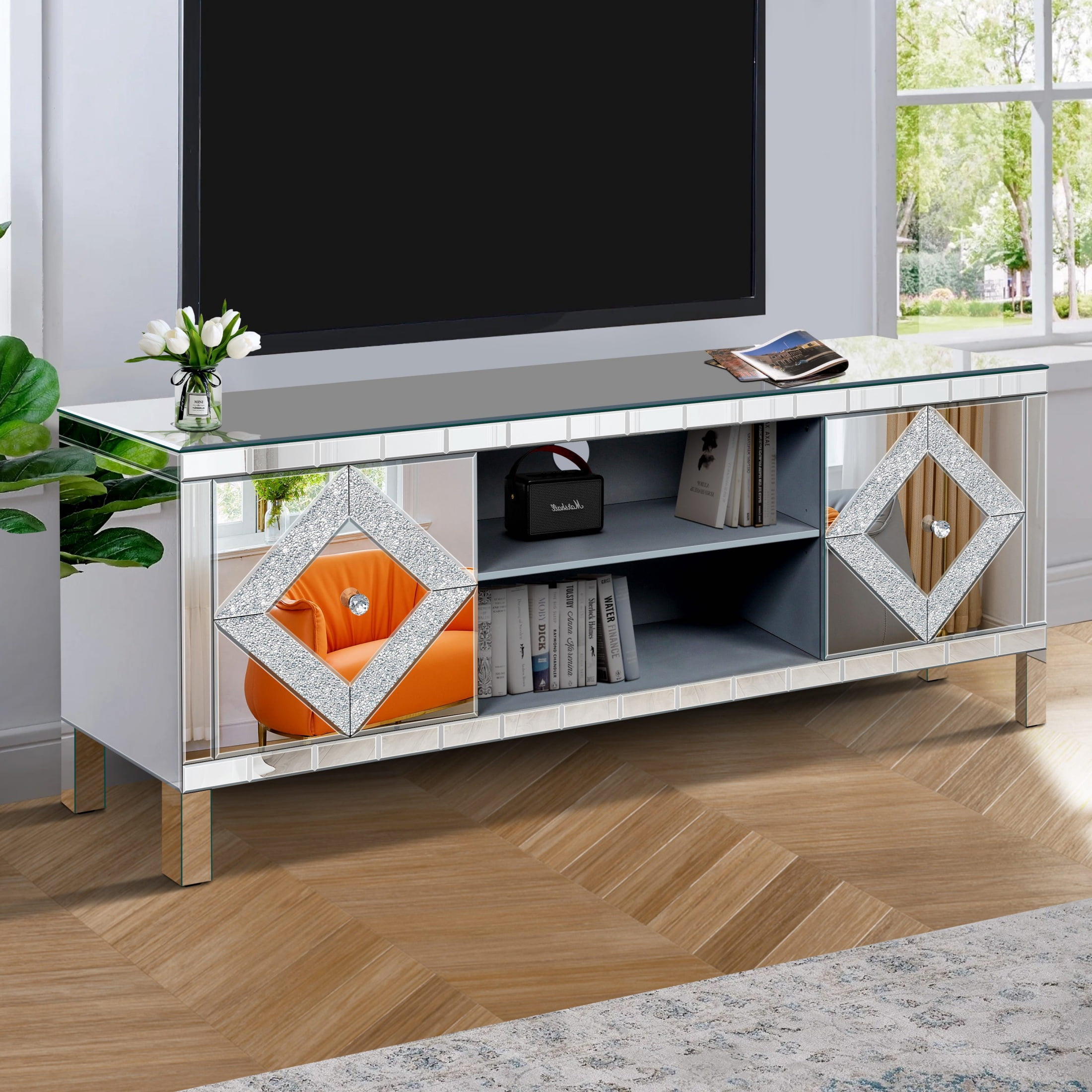 Atumcto Modern Mirrored TV Stand for 65in TV - Diamond Mirror Doors Media Console, Adjustable Storage, Wood Entertainment Center for Living Room, Silver