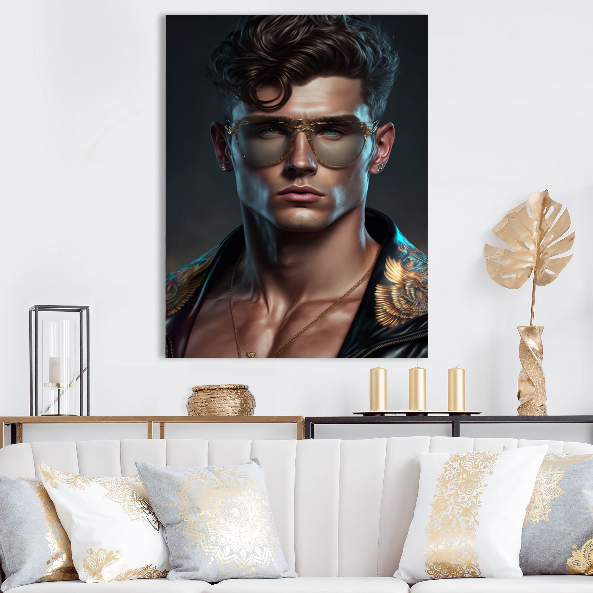 Designart Fashion Muscular Man With Sun Glasses III Canvas Wall Art