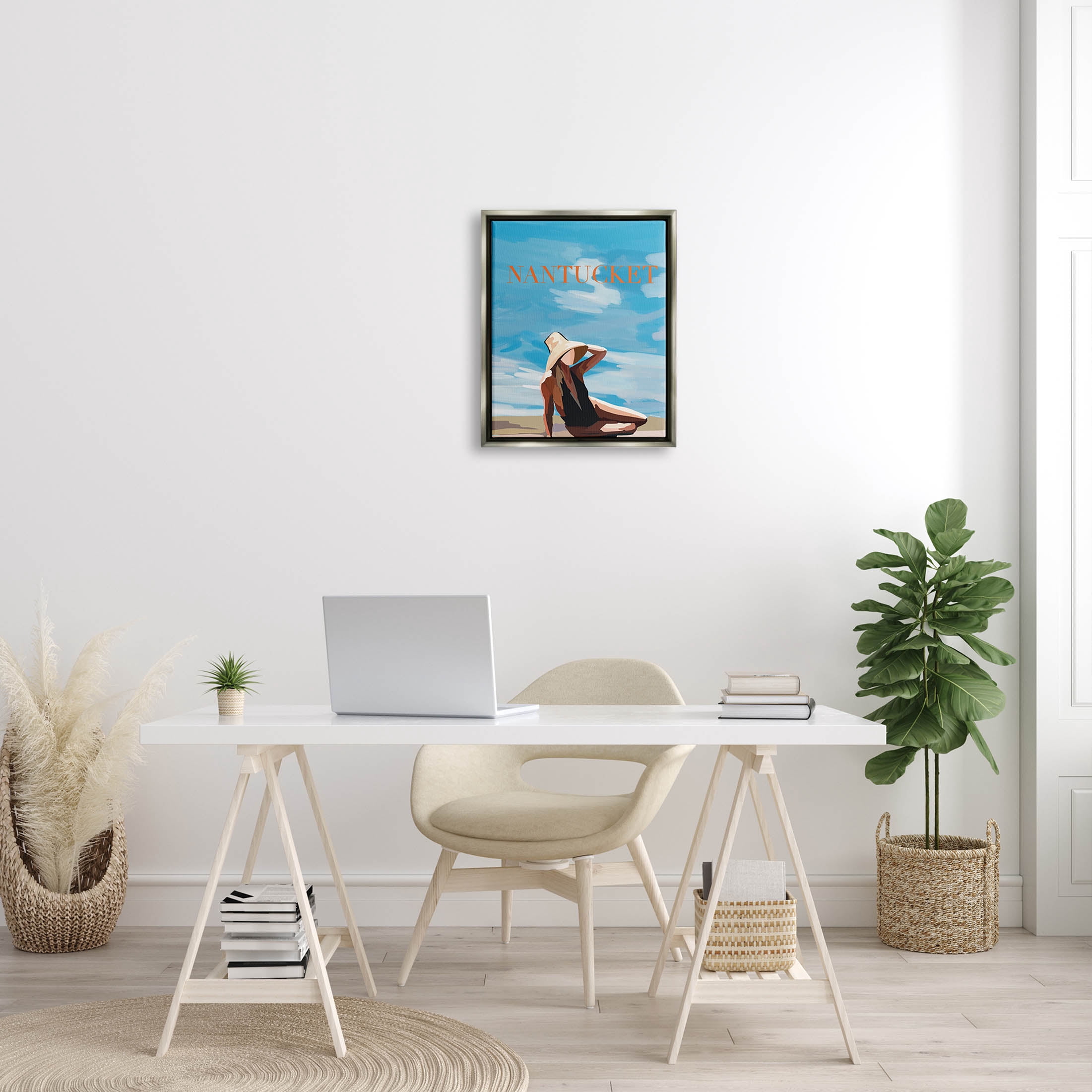 Stupell Industries Nantucket Summer Beach Girl Graphic Art Luster Gray Floating Framed Canvas Print Wall Art, Design by Amelia Noyes