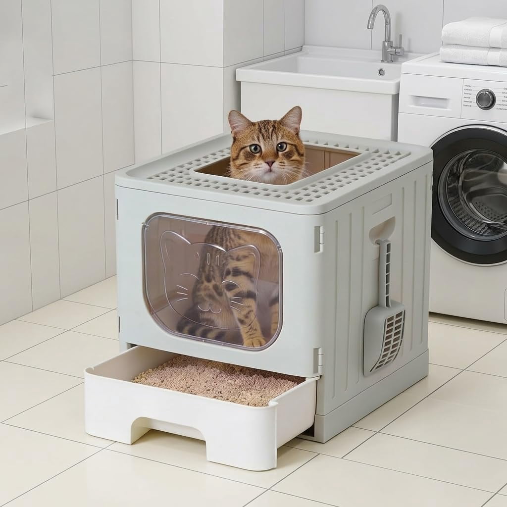 Enclosed Cat Litter Box with Lid, High-Sided Kitty Litter Pan with Drawer and Scoop, Grey