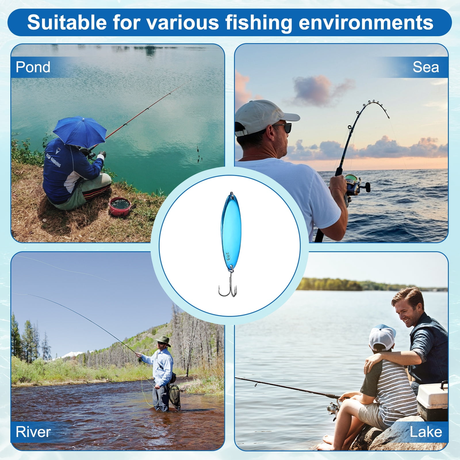 Uxcell Fishing Spoons Lures, Metal Saltwater Treble Trout Lures Jigging Spoon with Treble Hooks Casting Spinner Baits 10 Pcs & 1 oz & Blue - Fitting for (Freshwater/Salmon/Bass/Trout)