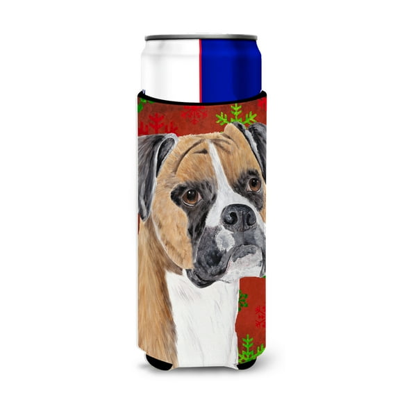 Carolines Treasures SC9430MUK Boxer Red and Green Snowflakes Holiday Christmas Ultra Hugger for slim cans Slim Can