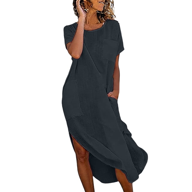 Robe en Lin à Manches Courtes pour Femmes Chemise Boutonnée Robes d'Été 2026 pour Femmes Décontractée Col Rond Midi Robe d'Été Confortable Mélange de Coton