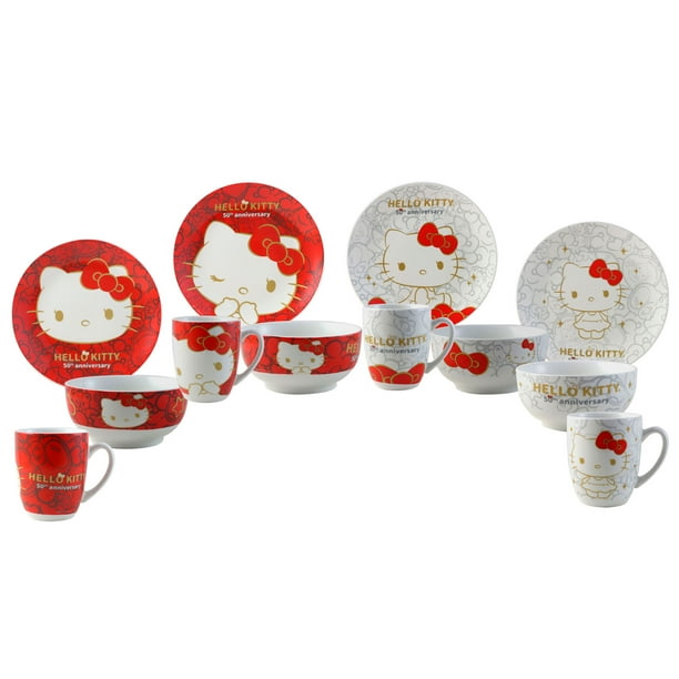 Vajilla Completa de Porcelana Coleccion Hello Kitty 50 Aniversario Vajilla Familiar 12 Piezas