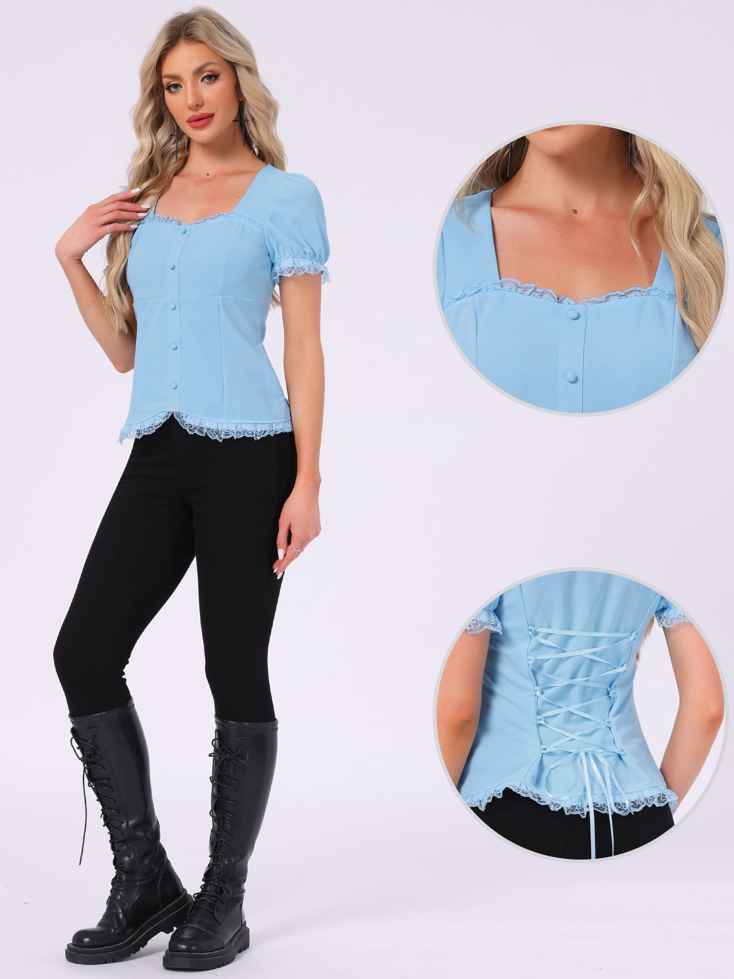 DARING DIVA Sweetheart Neck Puff Sleeve Lace-up Blouse M Sky Blue