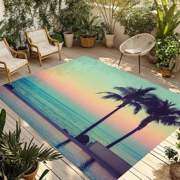 Turquoise Pink Coastal Outdoor Rug for Patio/Deck/Porch, Non-Slip Large Area Rug 4 x 6 Ft, Summer Tropical Beach Palm Tree Indoor Outdoor Rugs Washable Area Rugs, Reversible Camping Rug Carpet Runner