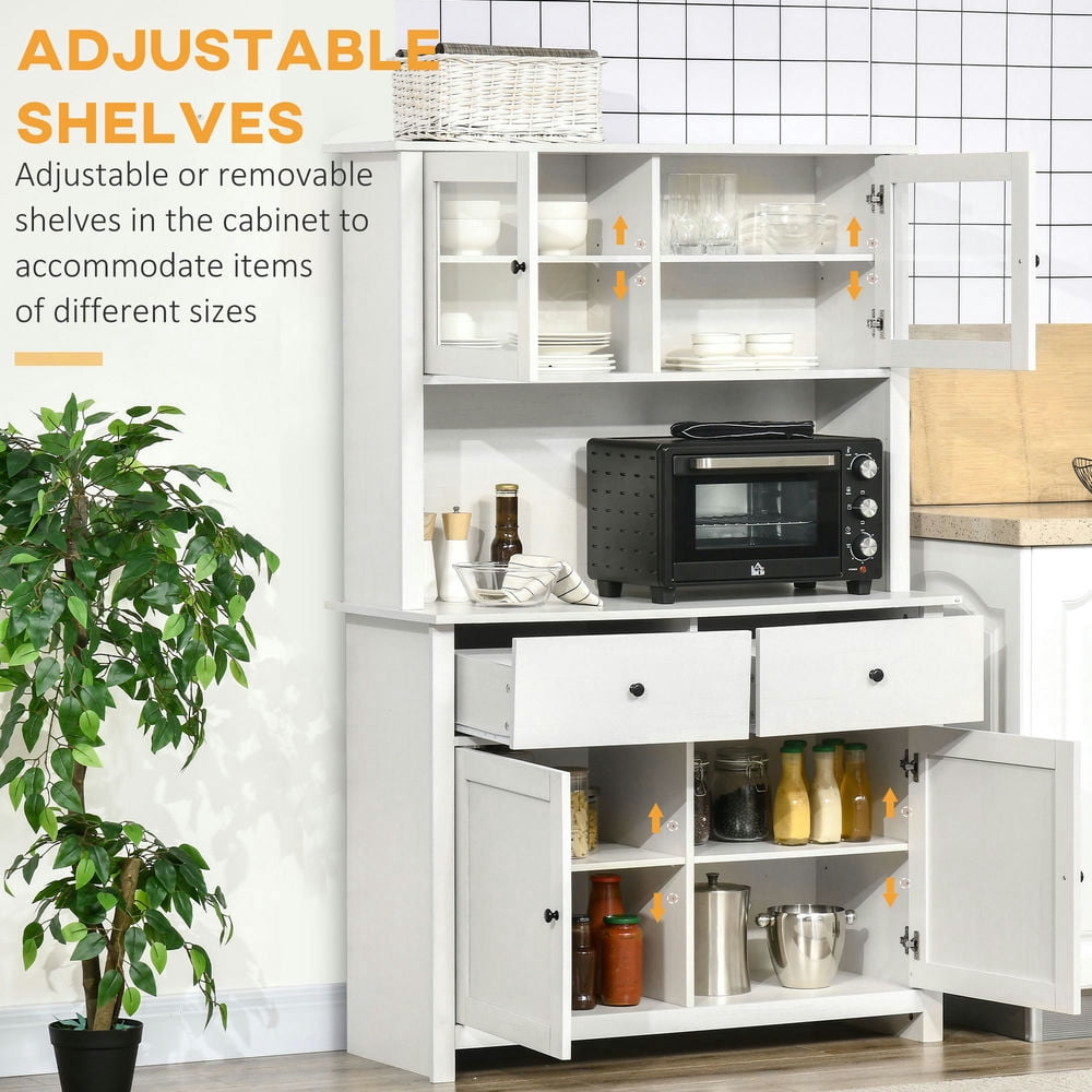 GVN Buffet with Hutch,63.5" Kitchen Buffet with Hutch, Pantry Storage Cabinet with 4 Shelves, Drawers, Framed Glass Doors,Antique White