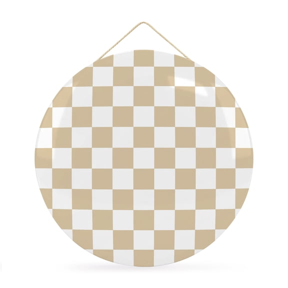 Welcome Sign for Front Door, Beige Checkered Round Metal Wall Art Wreaths, Geometric Cream Buffalo Plaid Outdoor Indoor Wall Hanging Sign for Porch Decor Housewarming Gifts 11.8 Inch