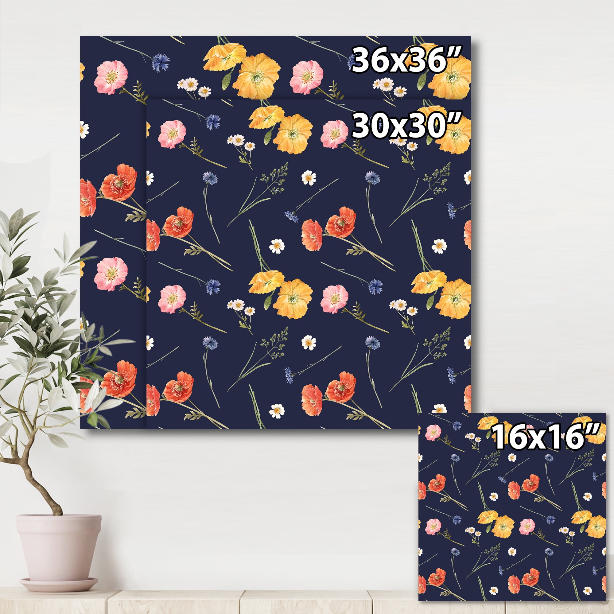 Designart ' Yellow and Orange Wild Flowers On Dark Blue ' Traditional Canvas Wall Art Print
