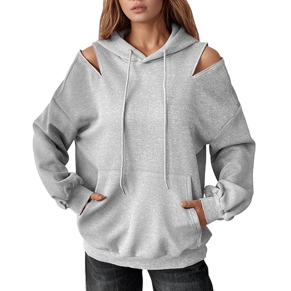 SGMVNU Women's Casual Cold Shoulder Zipper Long Sleeve Drawstring Hoodie Sweatshirts Pullover Fall Fashion Streetwear with Pockets(Grey, L)