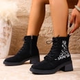 thumbnail image 3 of Floral Embroidery Fall Ankle Boots for Women Lace up Suede Mid Stacked Heel Zipper Short Booties, 3 of 7