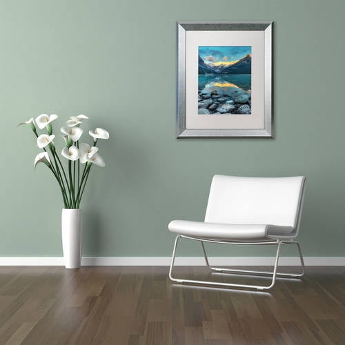 Trademark Fine Art 'Lake Louise Sunrise' Canvas Art by Pierre Leclerc, White Matte, Silver Frame