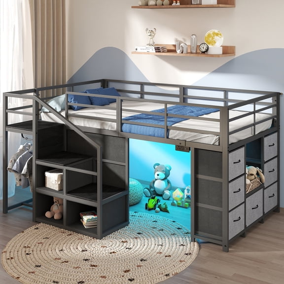 Anyhave Low Loft Bed Twin Size, Metal Loft Bed with Stairs & LED Lights, 7 Drawers, 3 Cubbies, Clothes Rail, Safety Guardrail, Black, Under-Bed Play Area