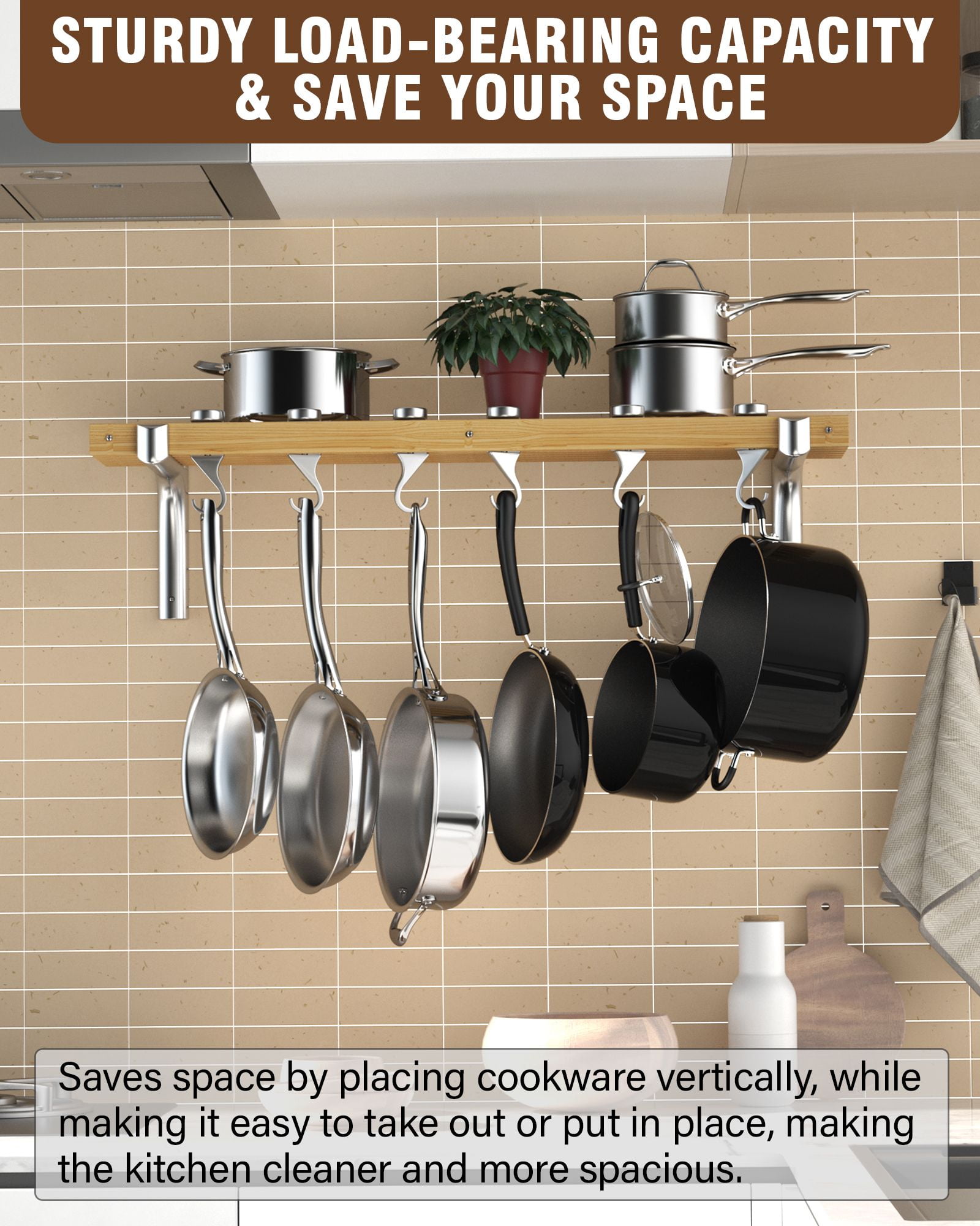 36-Inch Wall Mounted Black Metal Kitchen Cookware Storage Rack