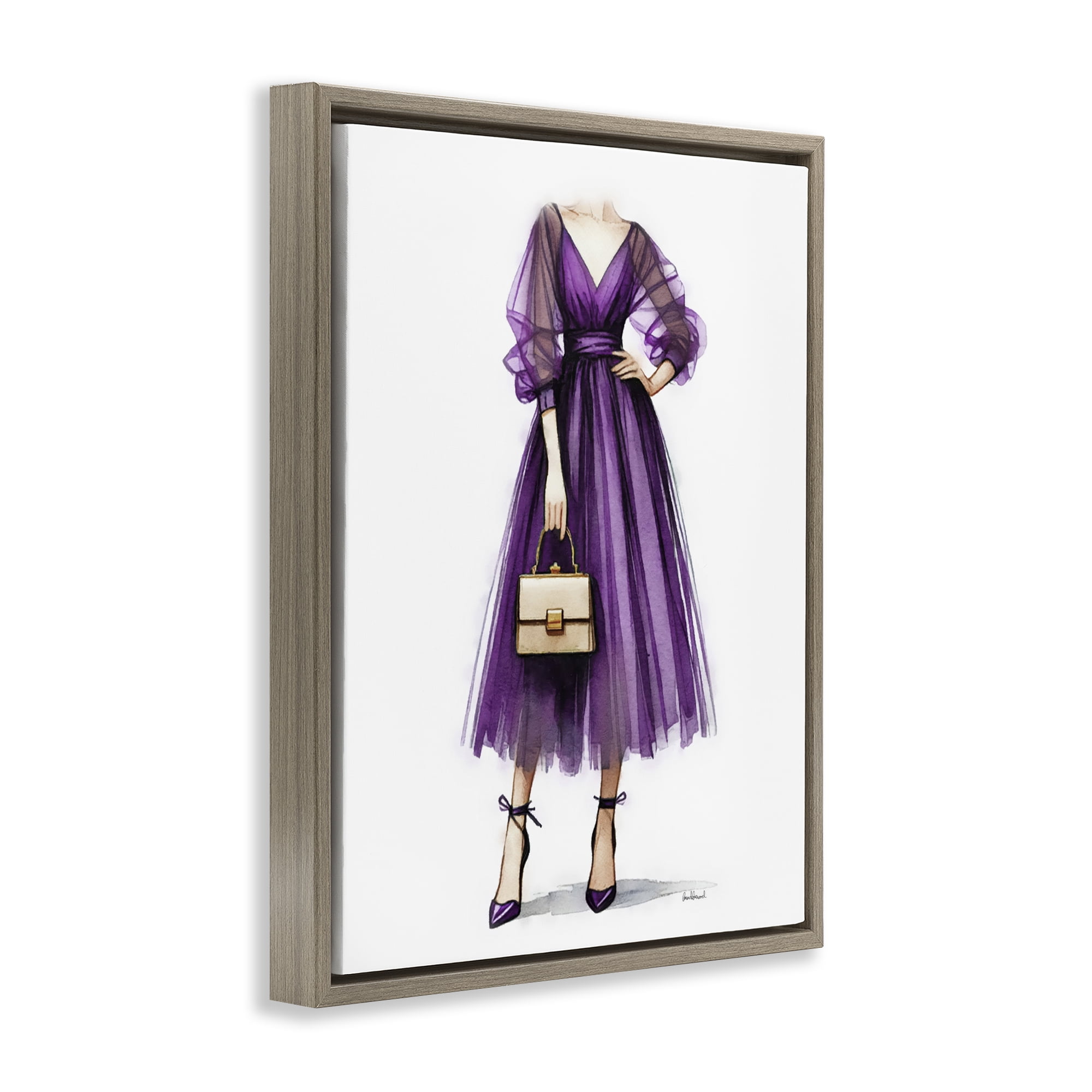 Stupell Industries Glam Purple Gown Fashion Painting Brown Floater Framed Canvas Art Print Wall Art, 25 x 31