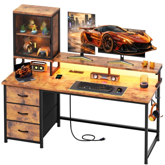 55.1" Office Desk with Display Cabinets and 3 Drawers, Computer Desk with RGB Lights Power Outlets and Monitor Stand, Brown