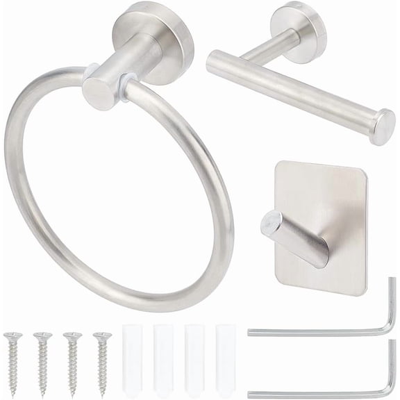 2 Sets Stainless Steel Wall Mounted Toilet Paper Roll Holders Metal Bathroom Accessories Kit Robe Towel Hooks Towel Ring Set Silver