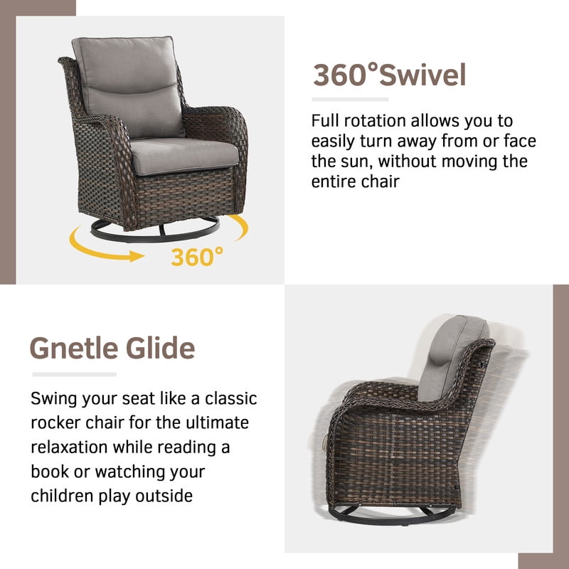 PARKWELL 3-Piece Patio Wicker Chairs Swivel Rocker Set,Outdoor High Back Swivel Glider Rocking Lounge Chairs with Side Table for Patio Deck Garden,Brown/Gray