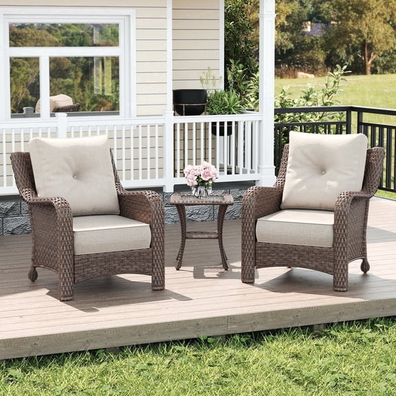 LayinSun 3 Piece Wicker Outdoor Furniture Set with 6-inch Comfy Cushions, High Back Patio Furniture Set with Rattan Armchairs and Side Table