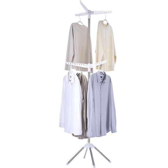 Clothes Drying Rack Foldable, 74.8 inch 2 Tier Laundry Drying Rack with Rotating Clothes Rail for 54 Pieces of Clothes, Space Saving, Indoor, Stainless Steel, White and Silver