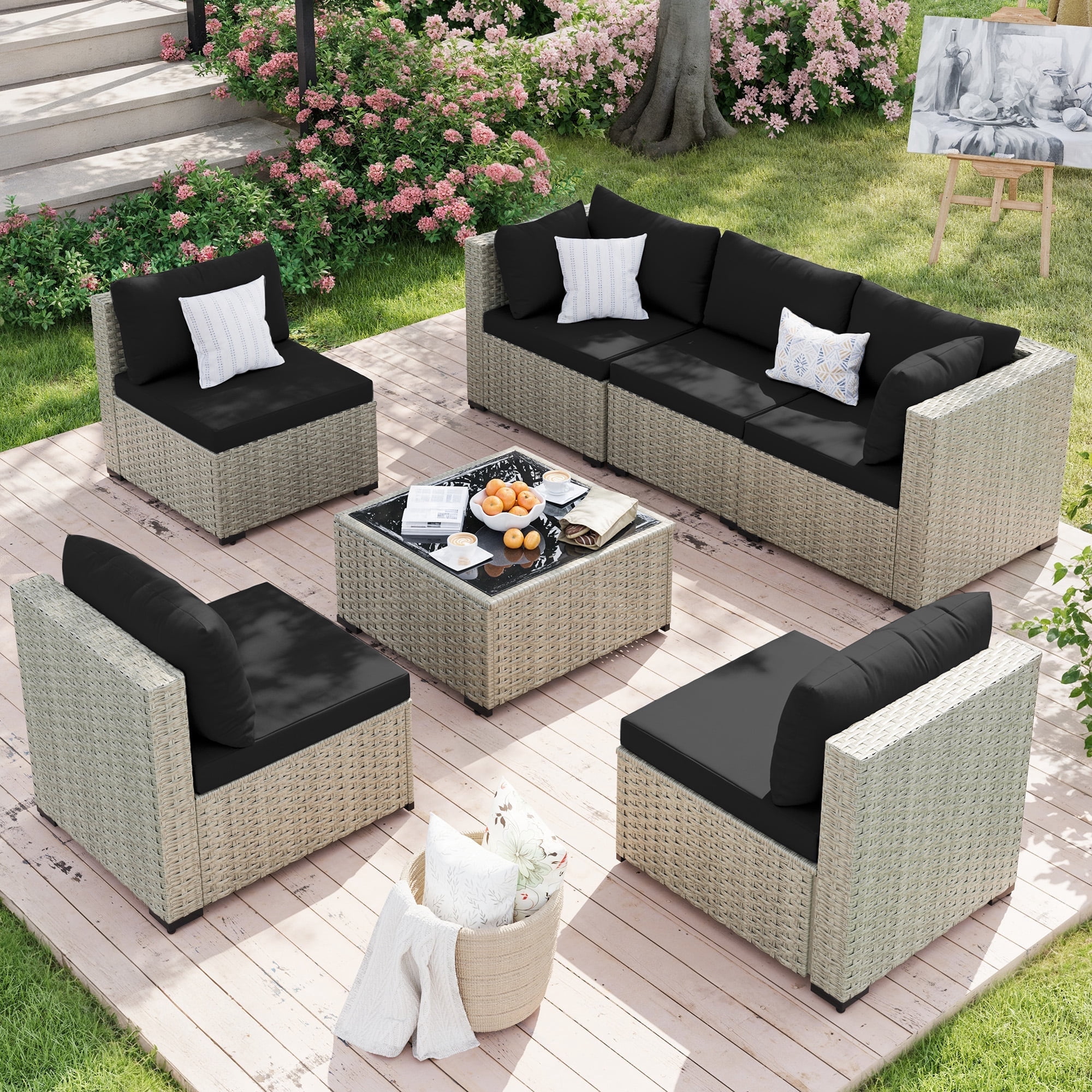 Amopatio 7 Pieces Patio Conversation Set, Outdoor Sectional PE Rattan Wicker Furniture Seat,BLACK