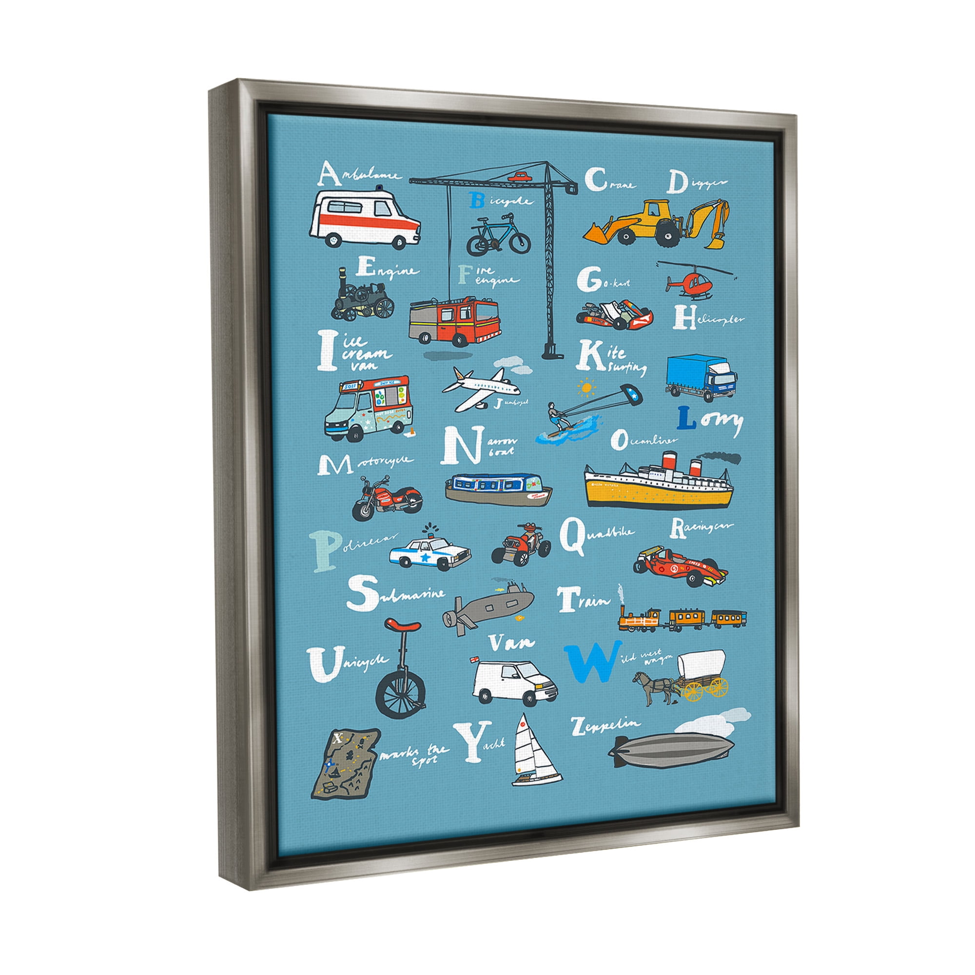 Stupell Industries Various Vehicles Alphabet Transportation Painting Gray Floater Framed Canvas Art Print Wall Art, 17 x 21