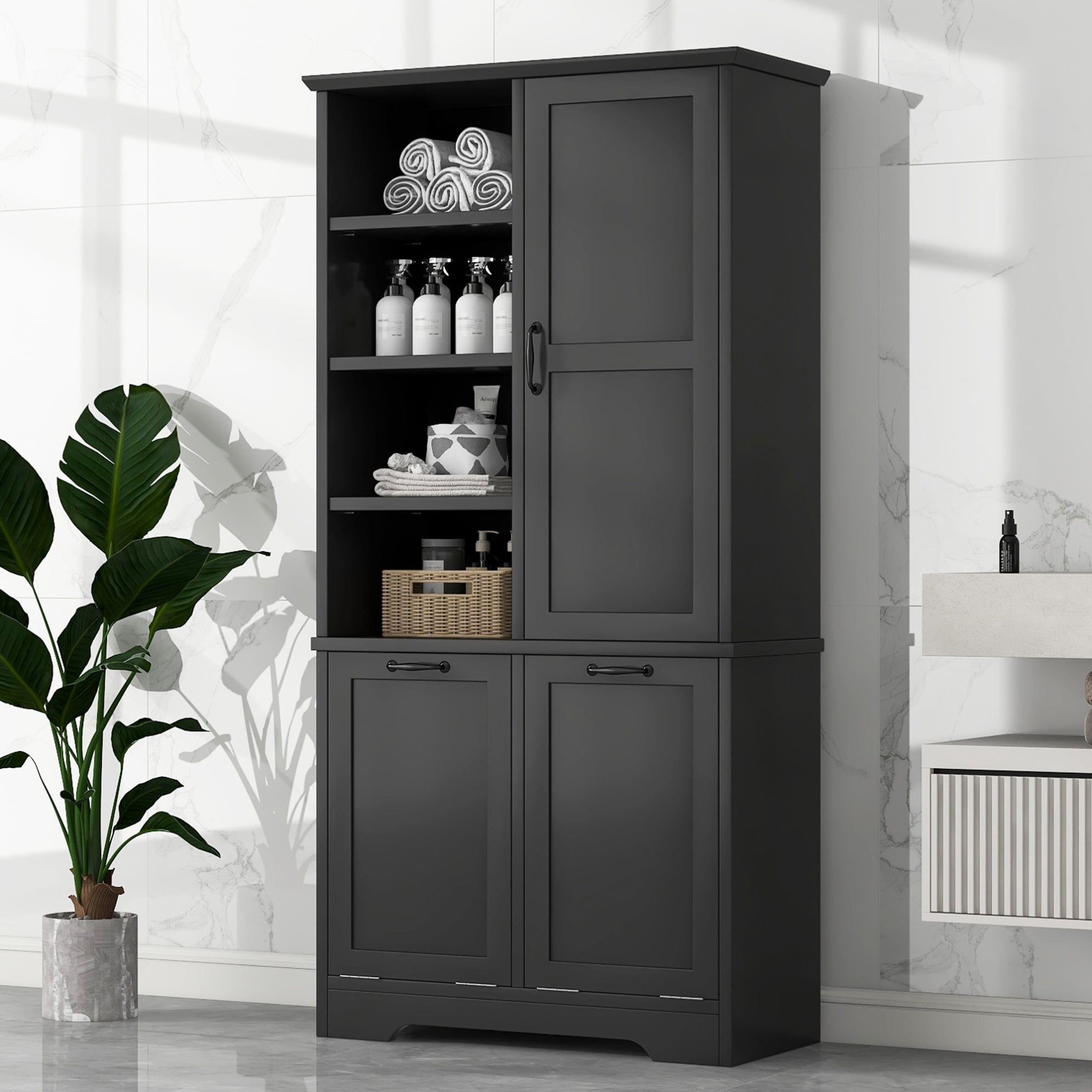 Bathroom Storage Cabinet with 2 Laundry Hamper, Wooden Bathroom Pantry Cabinet with 1 Cabinet and 4-Layer Shelves for Living Room, Black