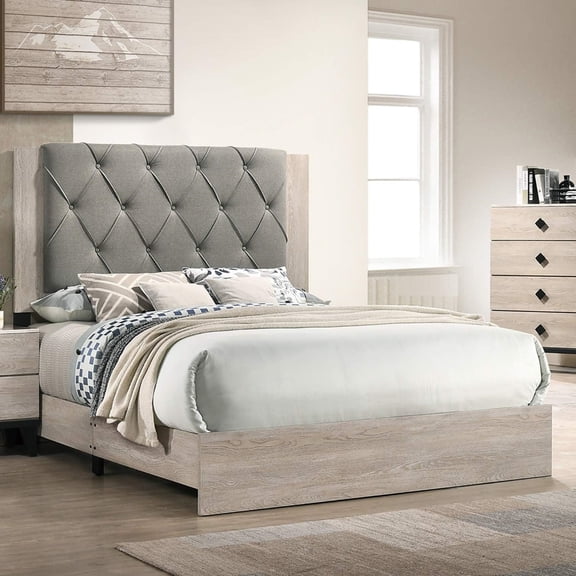 Miekor Furniture Contemporary 1pc Cream Finish California King Size Bed Bedroom Furniture Gray Tufted Design Headboard Rubberwood 1pc Bedframe 03146