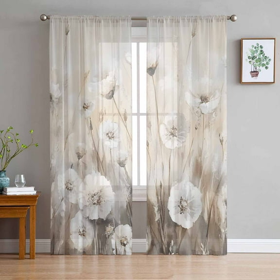 Spring White Floral Sheer Curtains 84 Inches Long 2 Panels Set, Window Sheer Curtains for Living Room/Bedroom, Watercolor Vintage Beige Flowers Light Filtering Rod Pocket Curtain 52'' x 84'' x 2