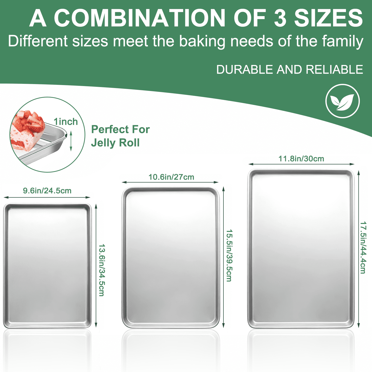 GPED Baking Sheet Pan Set of 3, 16/12/10.5 Inch, Stainless Steel Cookie Tray Pans Set for Oven, Rectangle Baking Tray for Cooking Roasting, Non Toxic & Easy Clean, Dishwasher Safe
