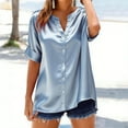 thumbnail image 2 of Oksale Satin Button Down Blouses for Women Dressy Business Short Sleeve Summer Tops Loose Casual V Neck Stretch Shirts Lightweight Outfits Light Blue L, 2 of 6