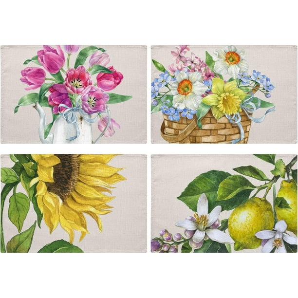 SPXUBZ Placemats, Summer Watercolor Flowers Sunflower Lemon 18x12 Inch Placemats for Family