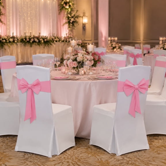 10 Pcs Pink Elastic Chair Covers with Ribbons, Stretch Spandex Chair Sashes, Reusable Chair Back Decor for Wedding Receptions, Valentine's Day Parties and Elegant Celebrations