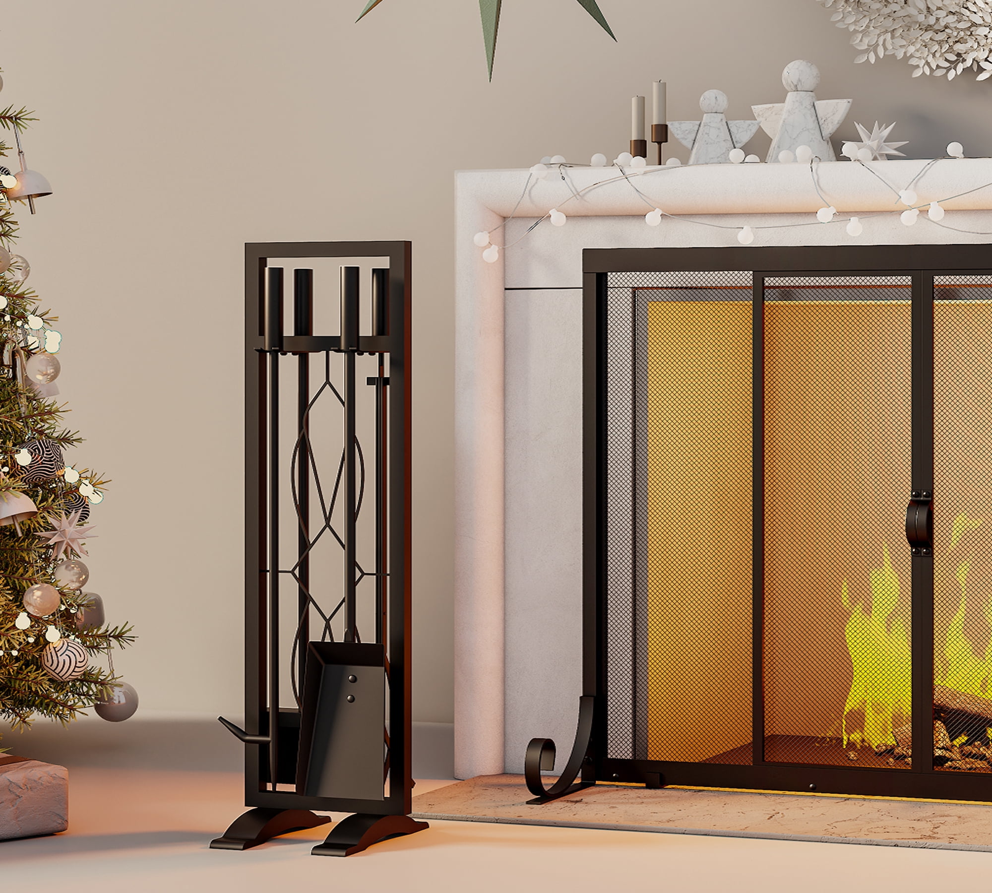 Fire Beauty 5-Piece Black Wrought Iron Fireplace Tools Set, Heavy Duty Fireside Accessories Kit with Stand, Indoor Wood Stove Fire Pit Tool Holder