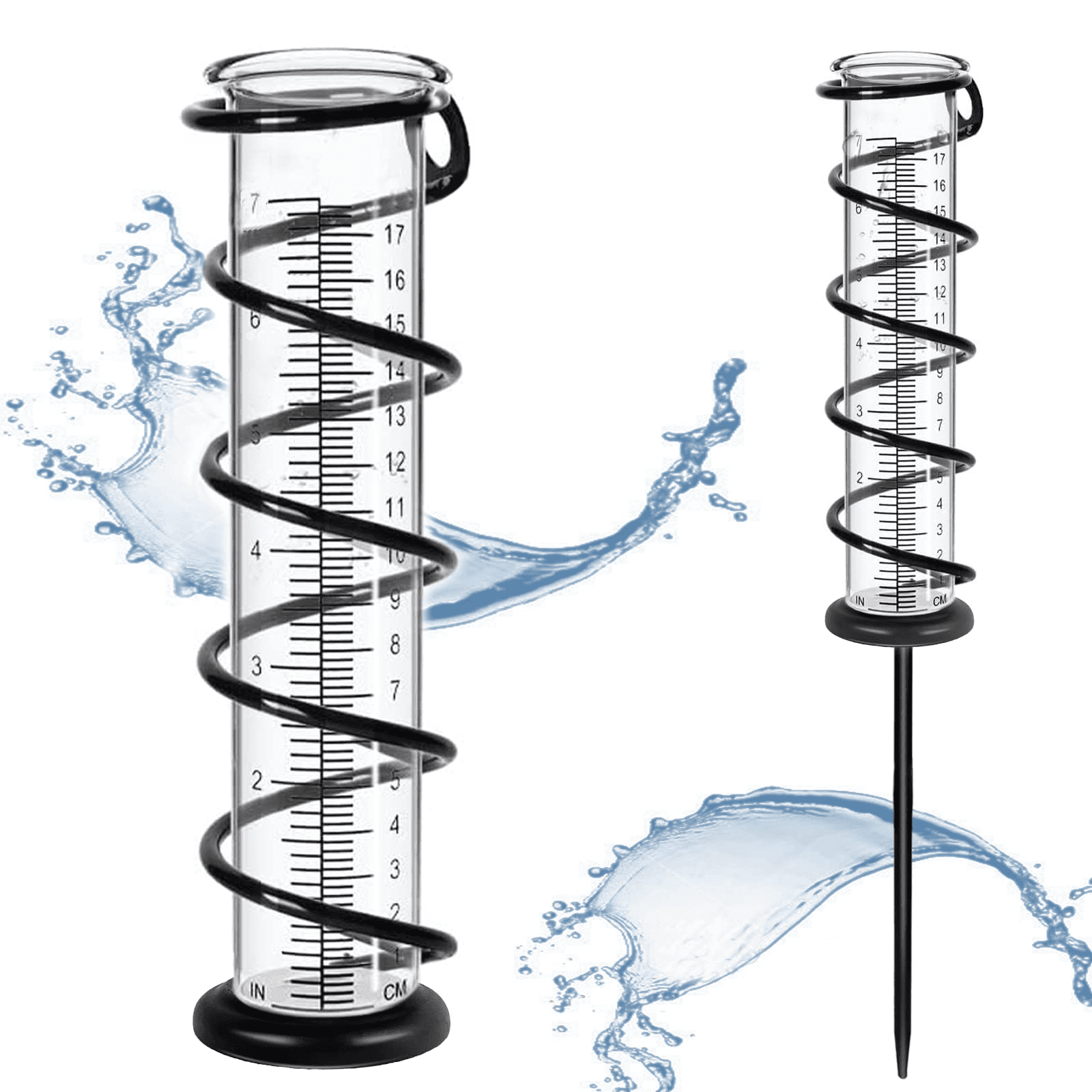 Rain Gauge, 7" Capacity Upgrade Glass Rain Guage OutdoorDetachable Rain Guage with Stake Metal