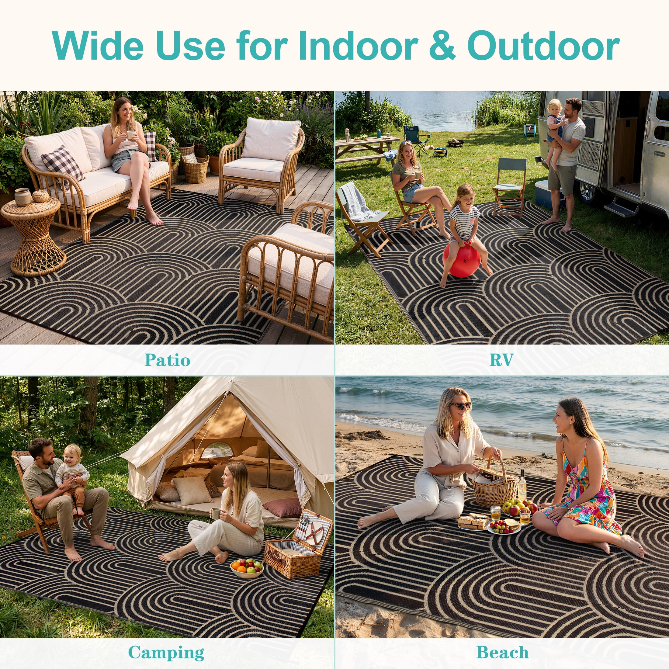 Wonnitar Large Outdoor Rugs Waterproof 8'x10' Reversible Plastic Straw Rug, Modern Rainbow Outside Carpet for RV Patio Deck Porch Balcony Picnic Camping Beach, Black&Brown-Rainbow