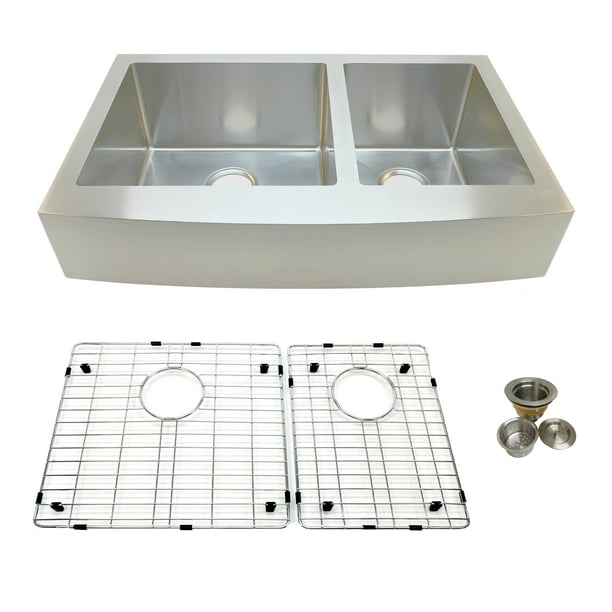 Auric Sinks 33" Retrofit Short 6" Apron Farmhouse Curved Front Double 60/40 Bowl Sink, Premium